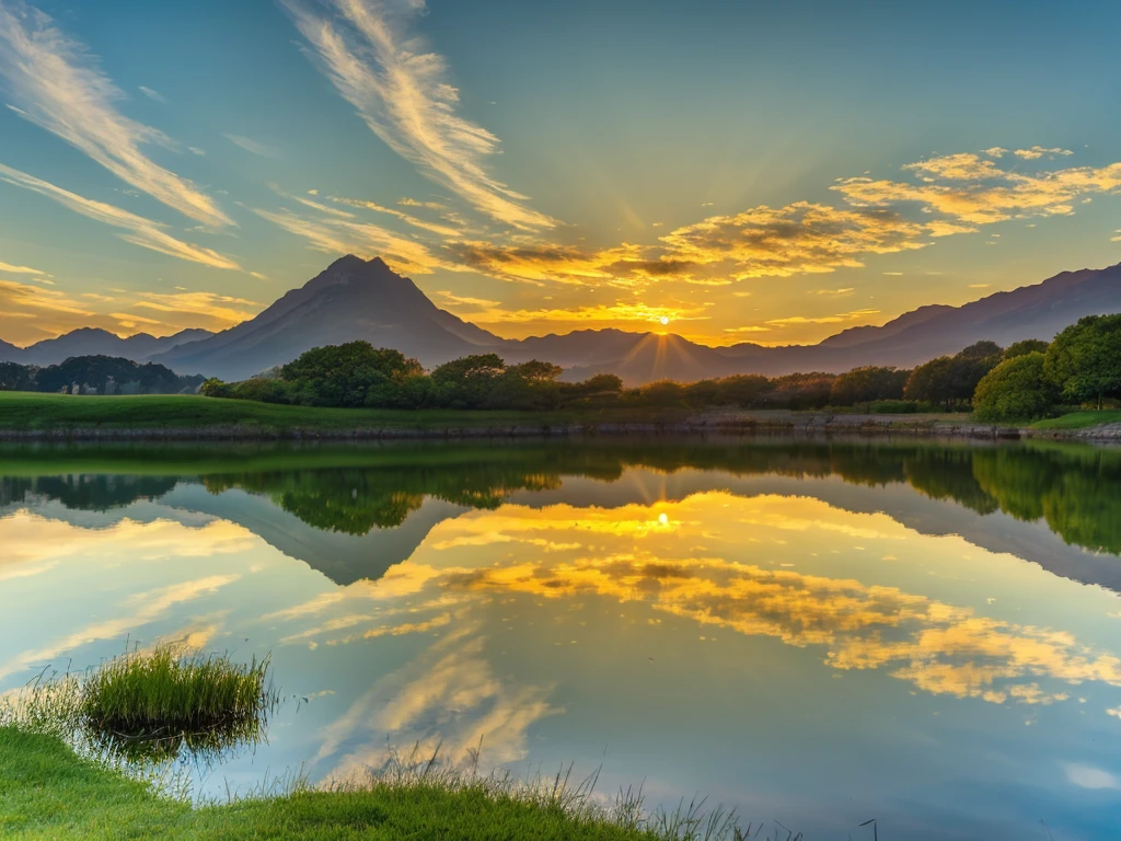 a serene sunset over a tranquil lake, picturesque landscape, golden hour sunlight, reflections on the water, wispy clouds in the sky, lush greenery surrounding the lake, detailed foreground elements, photorealistic, highly detailed, 8k, HDR, cinematic lighting, vibrant colors, beautiful scenery