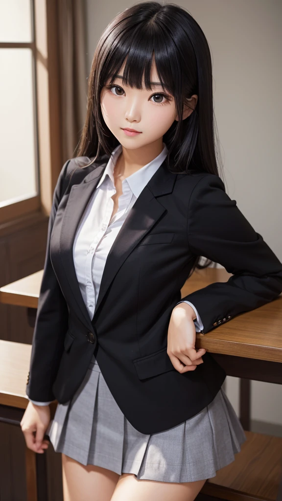 ((Tabletop)), (Detailed face), (highlight), Asian Girl、thigh、Black Hair、Heavy bangs、high school girl、skirt、blazer、Support your chest with your arms、Gazing Eyes、