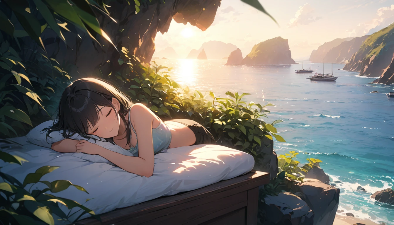 16: 9 full image, (Best Quality, Masterpiece, ultra high resolution, ultra detailed:1.2) ,(girl sleeping under the sun),16 years old,Closed eyes,SMILE,soft lighting,The background features rocky cliffs overlooking the sea., boats floating in it, green plants, and the sunlight shining through them on his face. wearing camisole. creating a warm environment.
