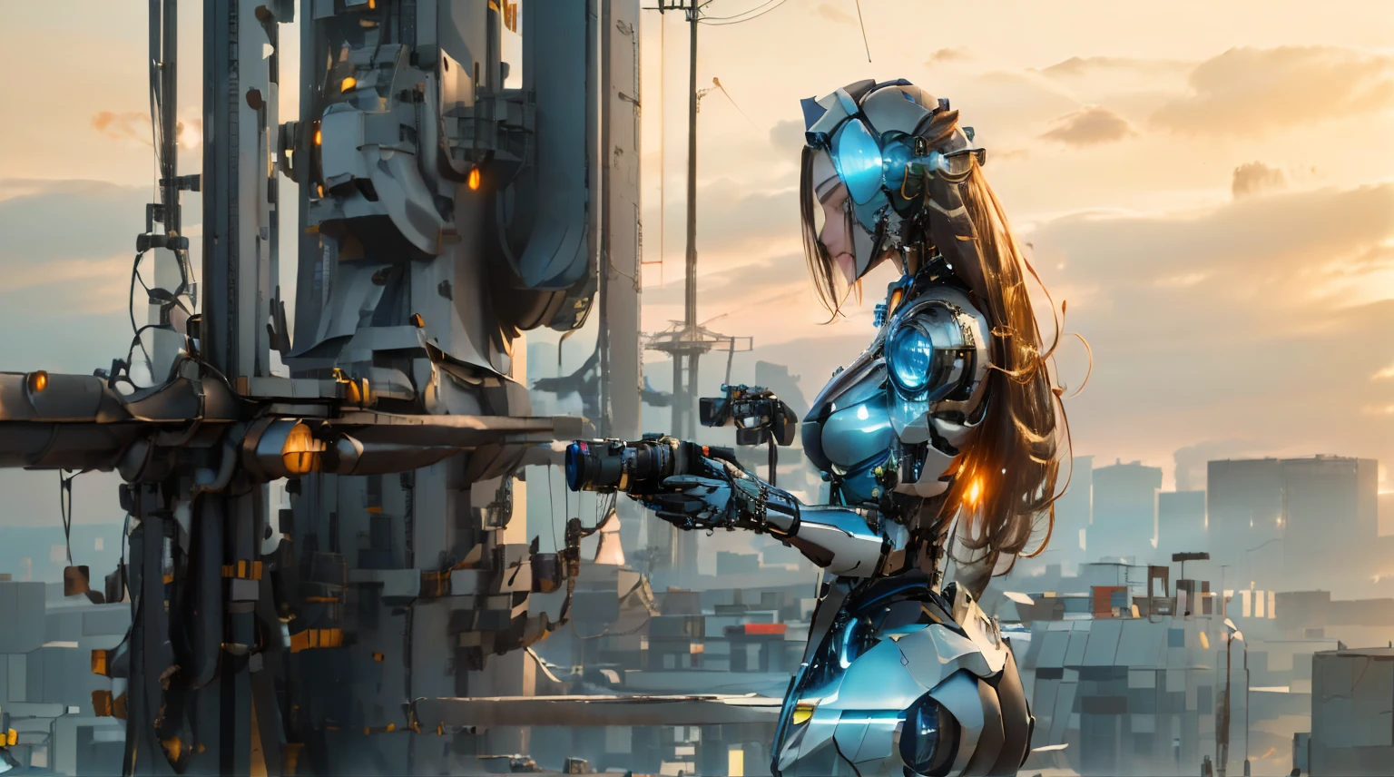 There is a robot standing on the 5G base station signal transmission tower,With an eye like a camera, robot in construction, Lurking in the background, Monsters in the background, Data Center, Highly detailed visual effects scene, stunning vfx, Visual Effects Close-up, Close-up shot of sitting down, Endless collaboration with artificial intelligence, Highly detailed visual effects, Machines and the future