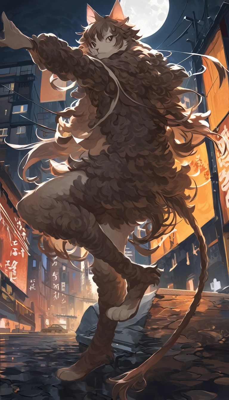 alone, male, fur art, moon_、Three-haired cat), (((Brown raw wool))), White Secondary, (perky ears), Cool pose, Urban Background, Great art, Beautifully executed, Beautiful background, Normal body, feet.