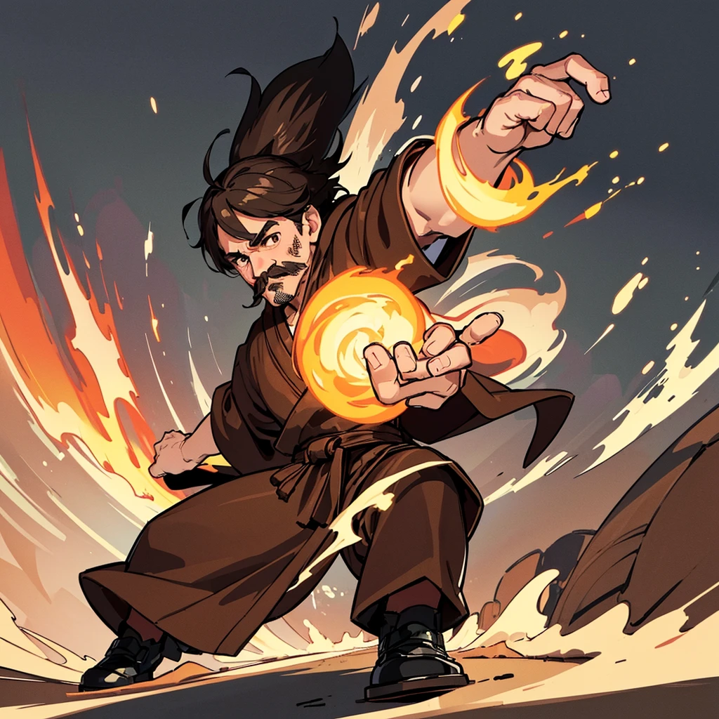 ((((Solo))))、Highest quality, Best Quality,Best illustrationiddle ages、(((Simple brown robe、Black shoes)))、(40-year-old uncle、mature、Kaiser moustache)、(LOL)、fight、(Diagonally below)、Kick、Run
