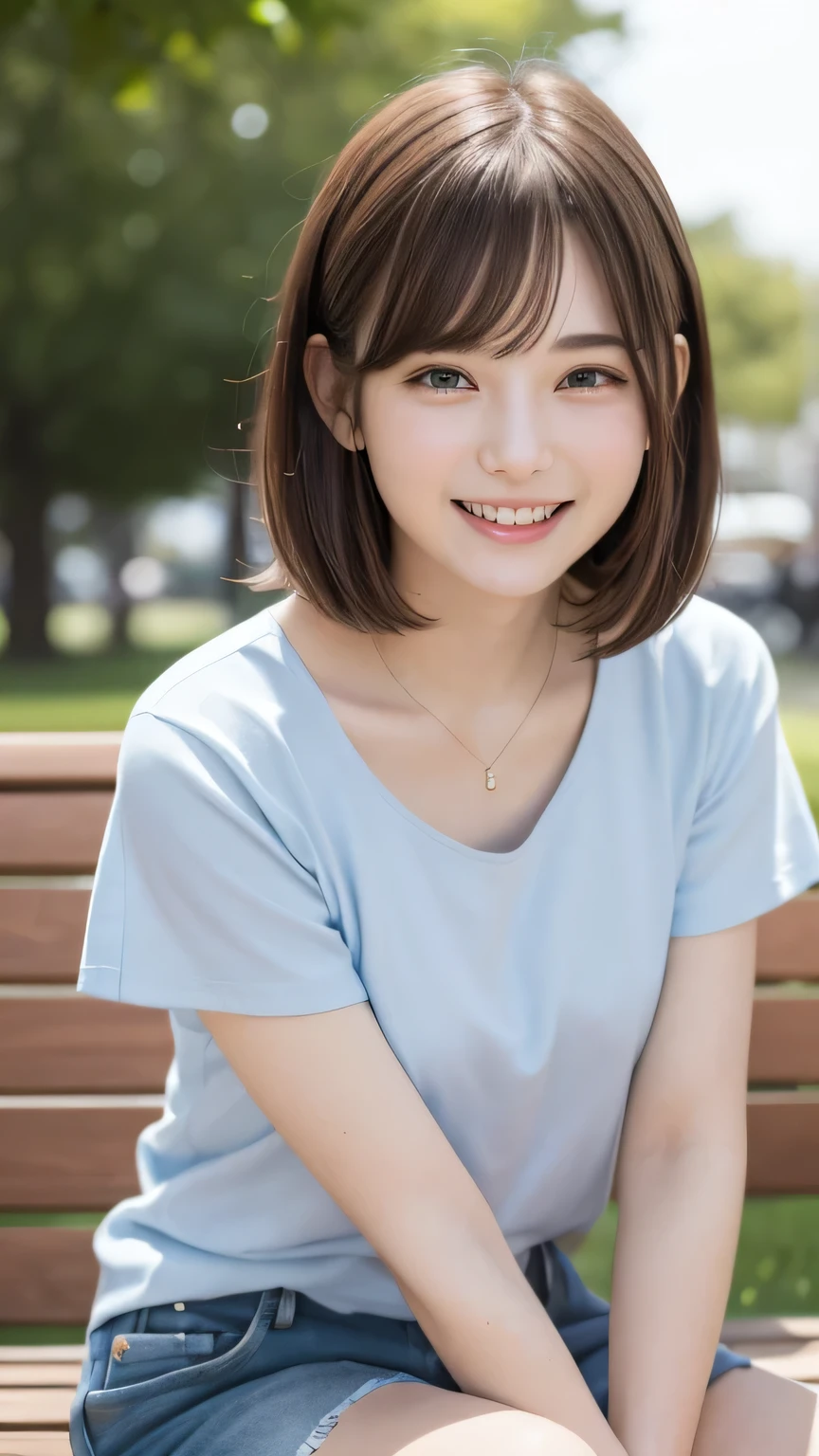 closeup shot , Best picture quality (8K, high resolution, Masterpiece: 1.2), super detailed, 215 ShGoldt Hair, 16-year-old woman,
situation: While sitting on a park bench、A woman eating soft serve ice cream。
clothing: Casual denim shGoldts、T-Shirts、sneakers。
angle:
Close-up: ソフトクリームを舐める瞬間Gold、Show your smile in detail。
Detailed depiction: Green trees in the background々Gold、Bench wood grain background、Emphasise a relaxed atmosphere。
Emotional moment: While eating soft-serve ice cream、楽しそうに友達と話す姿Gold、Capturing the expressions of people enjoying the tranquility of the park。
, Close-up of face :1.5
, random cute pose ,big eyes ,Puffy eyes Heart Pupil, blush , huge shy smile , salute