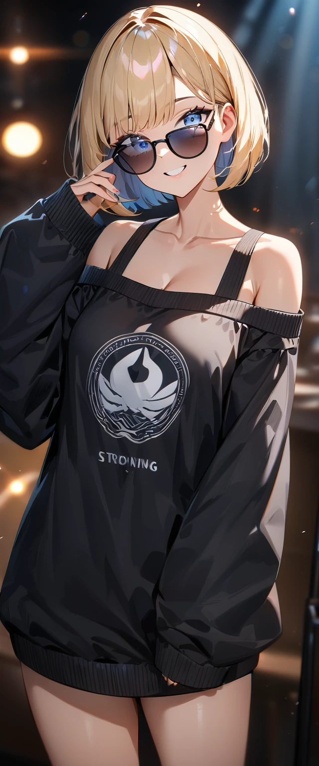 (((One girl))), blond hair, ((sunglasses, hand to sunglasses)), one hand on hip, (bob cut:1.3)), breasts, cleavage, (cowboy shot), standard body, (looking at viewer), oversized clothes, puffy long sleeves, collarbone, ((off-shoulder knit sweater dress:1.3, Quite thick shoulder straps)), (((sleeves past wrists:1.3))), ((black sweater)), ager, head tilt:1.3, (((blue eye))), ((happy smile)), (((anime style))), (best quality, 4k, 8k, highres, masterpiece:1.2, ultra-detailed, ultra-detailed eyes, HDR, UHD, studio lighting, ultra-fine painting, sharp focus, physically-based rendering, extreme detail description, professional, vivid colors, bokeh), ((Highest quality, Best image quality, Ultra-high resolution, Ultra-high resolution, solo, Strong eye highlights)), Depth of written boundary, Natural soft light, attractive, Beautiful Face, Cleanliness, Pure Face, nedium chest, Beautiful Face, Perfect Fingers, Perfect hands, Perfect body, Perfect Face, Shine a light into your eyes, Perfect Anatomy