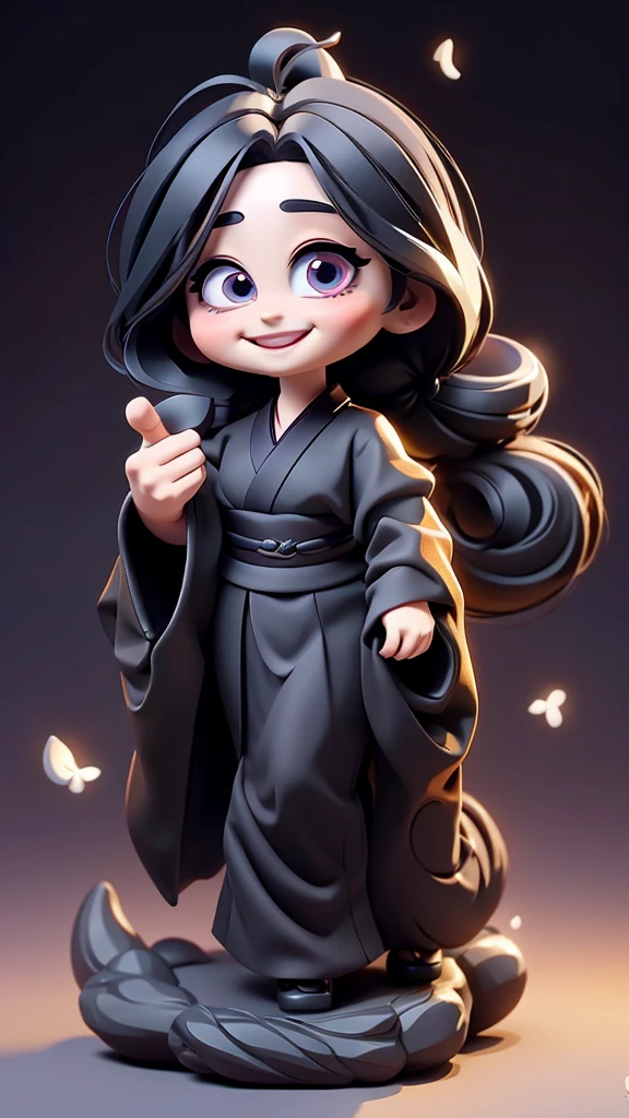 cute、Mini character、Fantasy、Smiling、Rainbow Eyes、Flying happily、Long Hair、ponytail、 black kimono、１Tsume、One Eye、一Tsumeお化け、Long black hair、Straight Hair