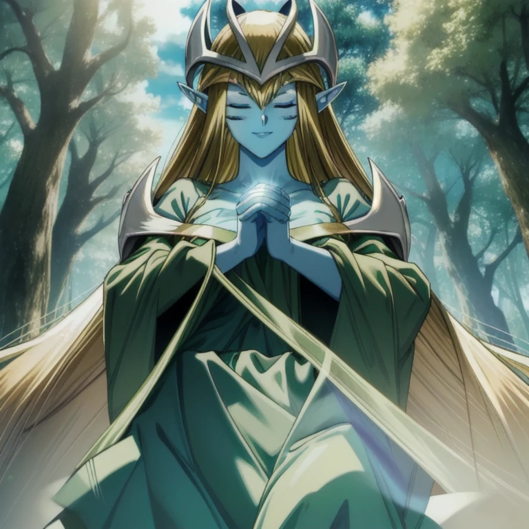 mysticalygo, mystical elf, smile, eyes closed, green dress, long skirt, blue skin, blonde hair, long hair, city, forest, Yugioh, overly long sleeves, sleeves covering her hands,