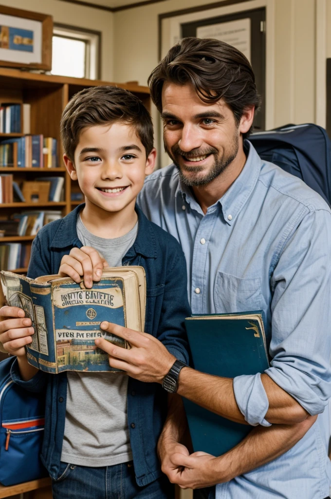 "A traveling teacher giving Sam an old, tattered science book, with a look of excitement on Sam's face."