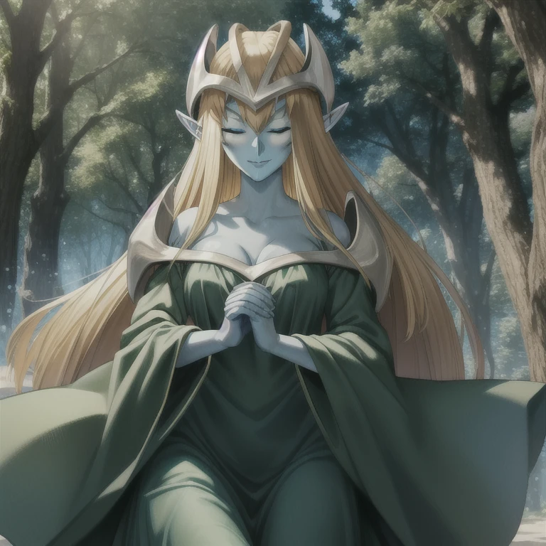 mysticalygo, mystical elf, smile, eyes closed, green dress, long skirt, blue skin, blonde hair, long hair, city, forest, Yugioh, overly long sleeves, sleeves covering her hands,