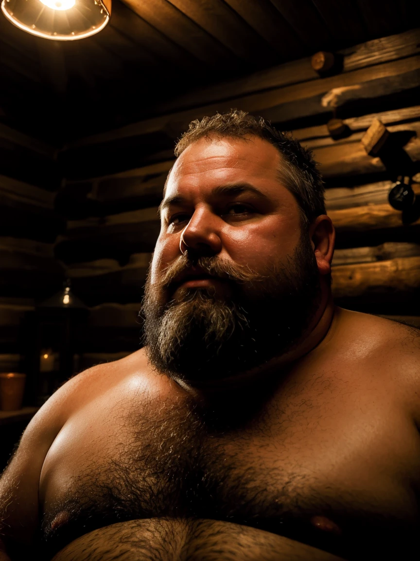 a fat, shirtless, middle-aged man with a beard in a mountain cabin at night, detailed facial features, dramatic lighting, cinematic, dark colors, moody atmosphere, dramatic, mysterious, photorealistic, 8k