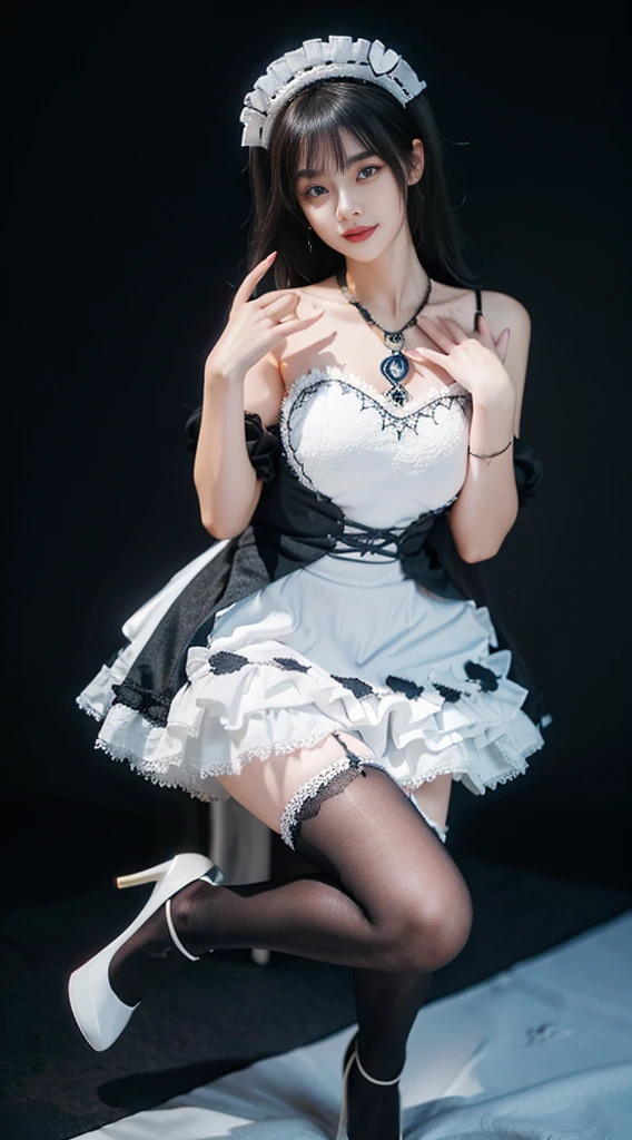 noshiro role play costume, role play,maid,apron,trumpet,Black over-the-knee stockings, ((Shot in the knee)), 8K, masterpiece, original photo, best quality, detail:1.2), ((Shoot at random angles)), lifelike, Extremely detailed CG unified 8K wallpapers, Depth of Field, light, lens flare, Ray Tracing, (Extremely beautiful face, Beautiful lips, beautiful eyes), intricate detail face, ((ultra detailed skin)) 1 girl, in the darkness, Deep Shadows,(Very slim figure:1.3), Full breasts, (A bright smile), (City night, (Neon), (night), White Diamond Earrings, Bracelet diameter, Deya Necklace, Clear eyes, Walk, (big eyes), Right hand, Anatomically correct,Fox Girl,Huge breasts,High heel