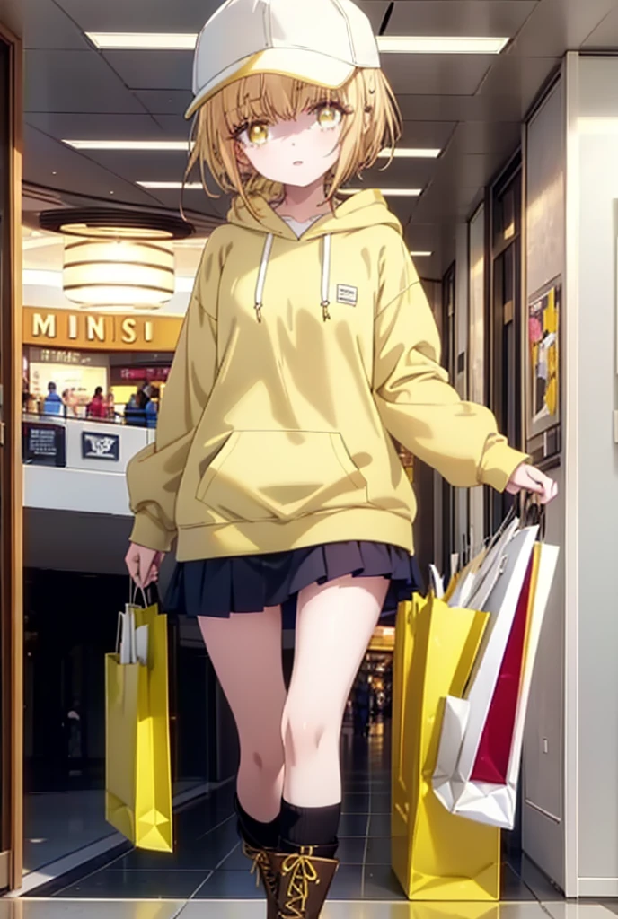 mahirushiina, Mahiru Shiina, bangs, Blonde, Brown Hair, (Yellow Eyes:1.3), smile,Open your mouth,Baseball cap,Oversized yellow hoodie,Short sleeve,mini skirt,black tights,short boots,Walking,Clear skies,Daytime,
break indoors,Shopping mall,
break looking at viewer, whole body,
break (masterpiece:1.2), Highest quality, High resolution, unity 8k wallpaper, (shape:0.8), (Fine and beautiful eyes:1.6), Highly detailed face, Perfect lighting, Highly detailed CG, (Perfect hands, Perfect Anatomy),