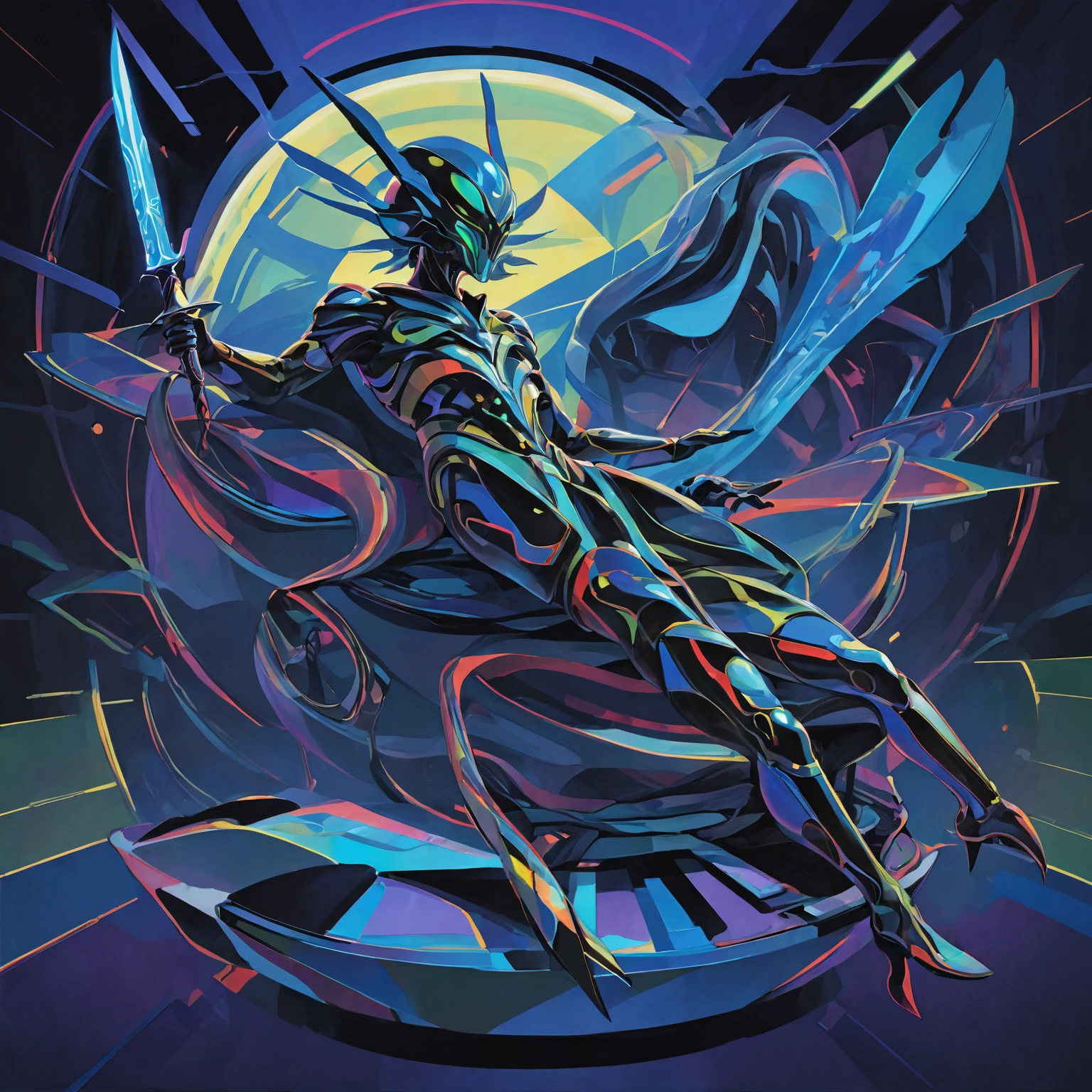 sleep paralysis of an Yautja alien , his camouflaged image looks like a gitching hologram, his sword and shield shine with iridescent glow, Mondrian's art of succinct in his spaceship, lack of gravity phenomenon.
