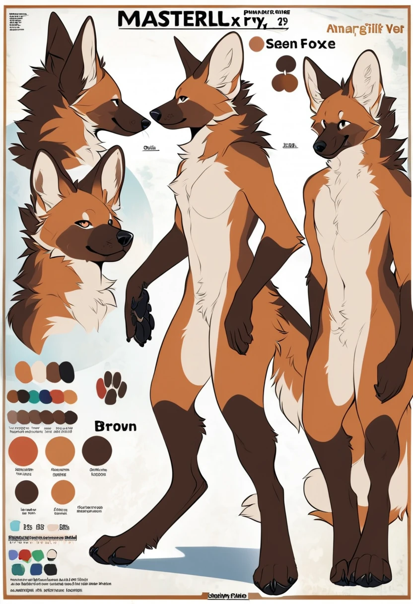 Solo, male, furry art, maned_wolf, fursona, ((canine)), (((brown primary fur))), white secondary, (perky ears), reference sheet, amazing art, masterfully executed, beautiful background, normal body, paws.