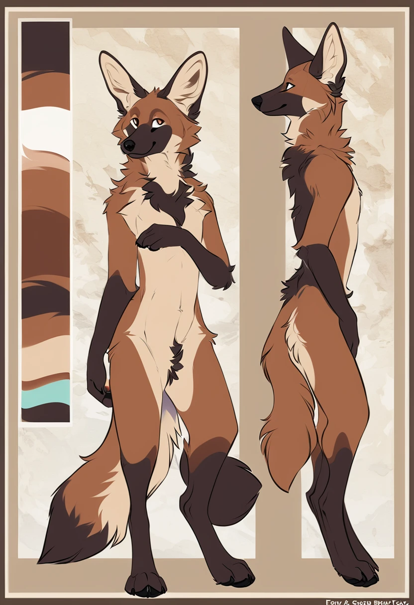 Solo, male, furry art, maned_wolf, fursona, ((canine)), (((brown primary fur))), white secondary, (perky ears), reference sheet, amazing art, masterfully executed, beautiful background, normal body, paws.