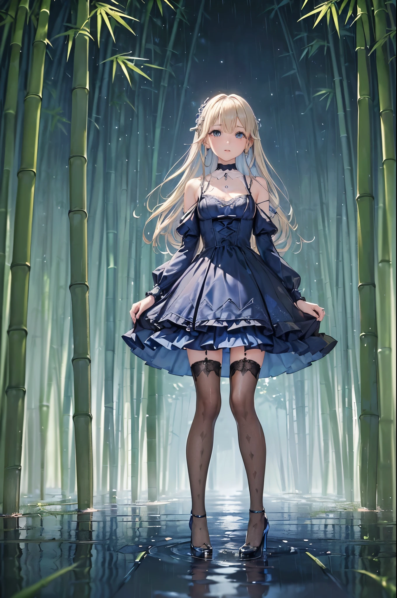 ((Biologically correct limb count))、(( From head to toe、Full-body photo including face))、4K、((Standing position))、masterpiece、((Focus on the face))、((Symmetrical facial features))、Eyes with detailed description、Beautiful woman、Great style、Beautiful arms、Beautiful legs、Beautiful Hands、(Small Ass、Thin thighs)、Facial detailing、Small earrings、necklace、(White see-through gothic dress、((High heels、Patterned stockings)))、((Standing and looking up in the bamboo forest park in the evening))、(((A flood of letters is falling from the sky)))、Close-up photo of the upper body、Lace gloves、(((blue blonde)))、rain