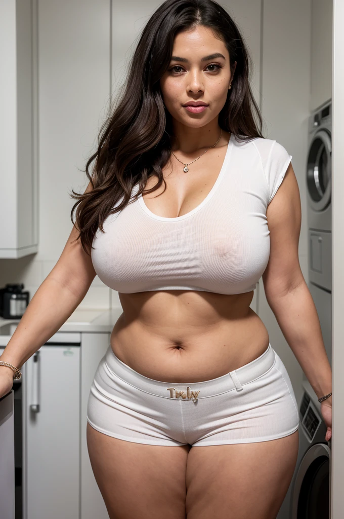 ((best quality, exceptional quality, better skin texture, premium material)), ((pov for my visual benefit, slice of life demonstrating reality)), (milf fantasy), (my best friend's mom coming on to me in the laundry room), letting me check her out and ogle her curves, "you shouldn't be looking at your best friend's mom like this", she says that but she actually wants me to fuck her like a spring rabbit as if she was one of my slutty girlfriends, (thicc curvaceous milf personifying womanly, pretty face, big brown eyes, brunette, curvaceous body, broad hips, curvy, hipspread, plump mounds, thicc thighs, oh mama she is a whole lotta woman), (cropped white cotton shirt, braless, casual shorts), nude