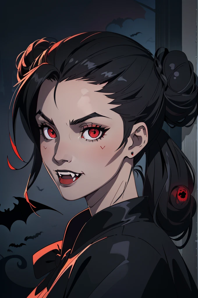 (1:1 girl solo portrait high quality) ((hot vampire girl) ((long balck hair styled half up in two side buns)) ((red eyes)) (((fangs)) ((sexy perfect body))) ((nadja from what we do in the shadows)) ((spooky, horor, bats))