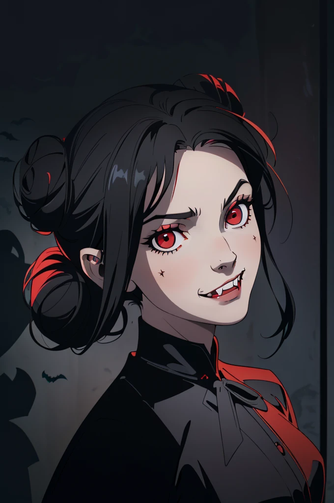 (1:1 girl solo portrait high quality) ((hot vampire girl) ((long balck hair styled half up in two side buns)) ((red eyes)) (((fangs)) ((sexy perfect body))) ((nadja from what we do in the shadows)) ((spooky, horor, bats))