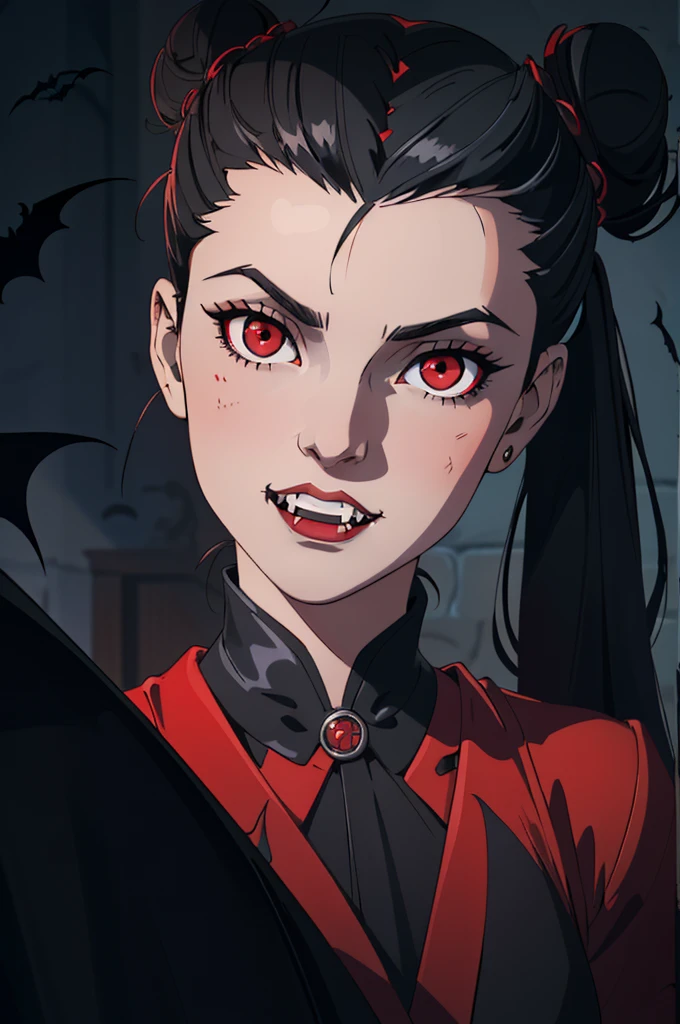 (1:1 girl solo portrait high quality) ((hot vampire girl) ((long balck hair styled half up in two side buns)) ((red eyes)) (((fangs)) ((sexy perfect body))) ((nadja from what we do in the shadows)) ((spooky, horor, bats))