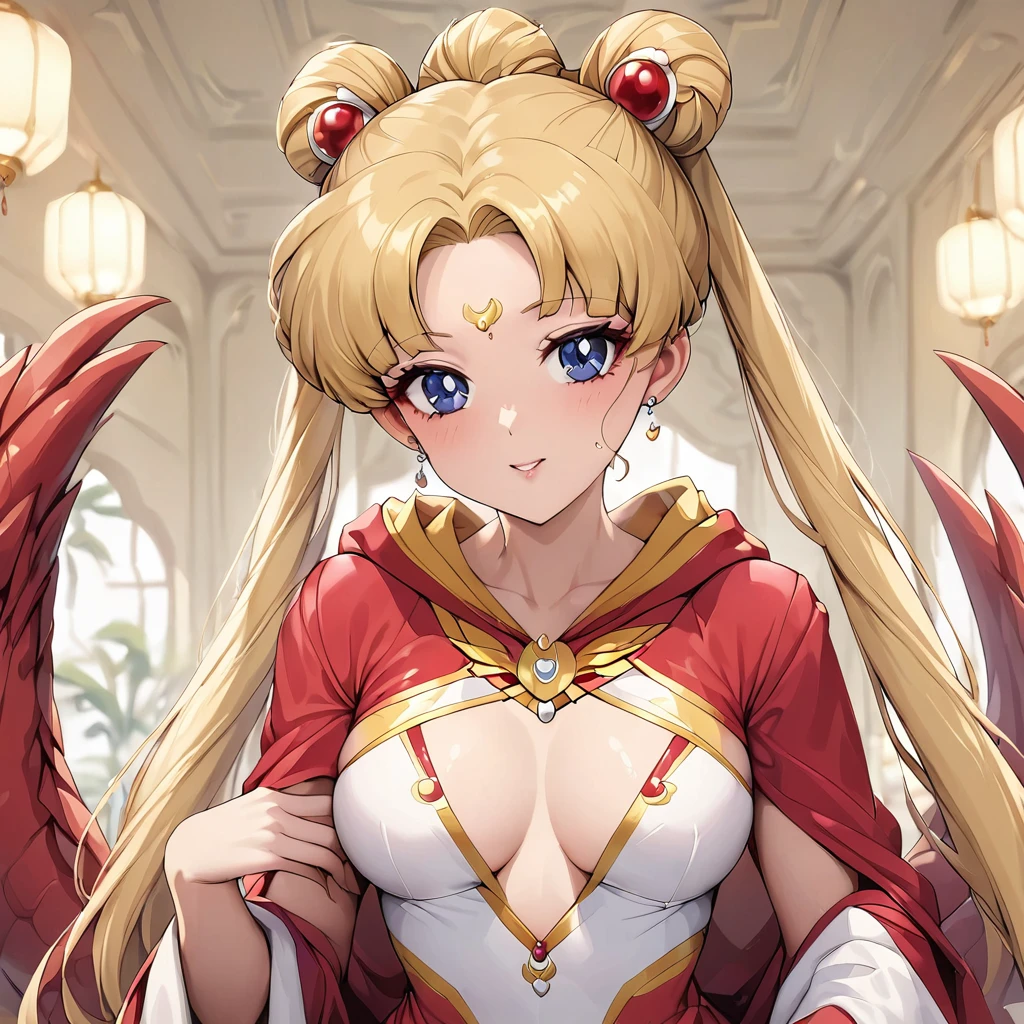 ((Highest quality)), ((masterpiece)), (detailed), （Perfect Face）、The woman is Tsukino Usagi, with long blonde hair in a chignon twin tail.、The woman is wearing a gorgeous and glittering red dragon and phoenix costume, a hood and gorgeous jeweled accessories, and is getting married to a dignified man named Emperor Shi Huang in a luxurious palace.