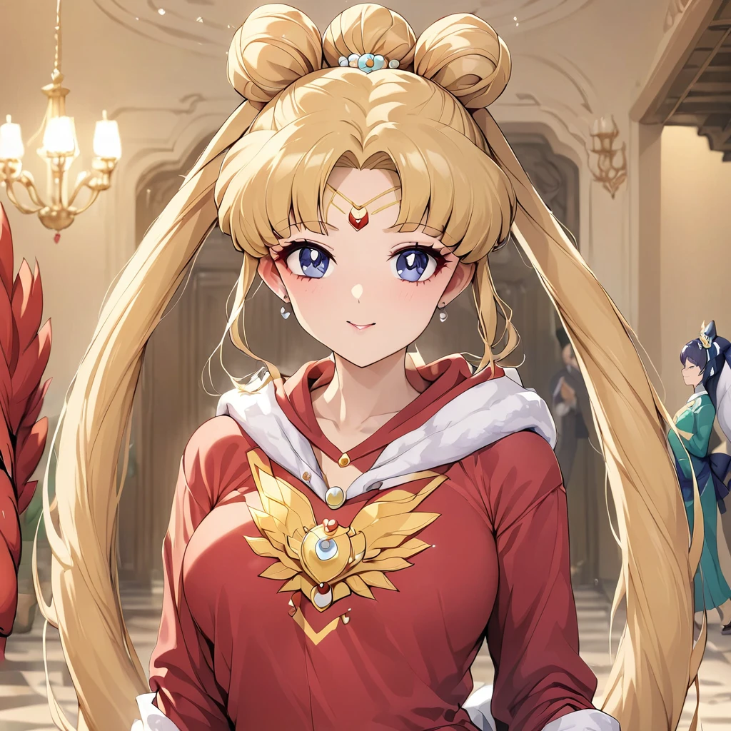 ((Highest quality)), ((masterpiece)), (detailed), （Perfect Face）、The woman is Tsukino Usagi, with long blonde hair in a chignon twin tail.、The woman is wearing a gorgeous and glittering red dragon and phoenix costume, a hood and gorgeous jeweled accessories, and is getting married to a dignified man named Emperor Shi Huang in a luxurious palace.