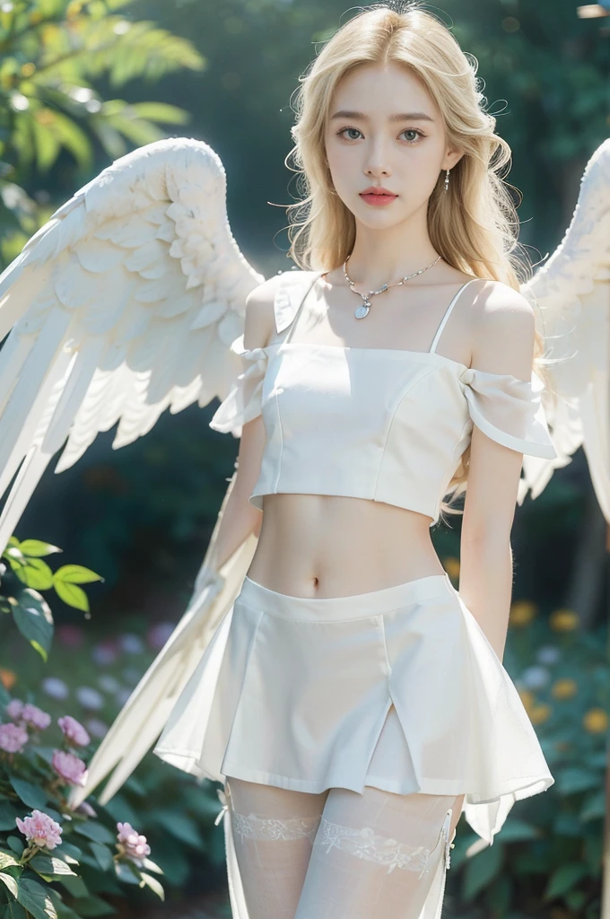 (((best quality))), (((ultra detailed))), (((masterpiece))), illustration,((1 beautiful little girl,solo,angel)),((fair skin,shoulder length straight blonde hair,blue eyes)),(earrings,crystal necklace),((slim,thin,small breasts,flat chest)),joyful expression,(white wings:1.3),(flowing short-sleeved white sheer dress:1.3),((In heaven, garden setting)), vibrant flowers,(colorful flowers:1.3),lush grass, gentle breeze, (clear sky, fluffy clouds, shining sun),((navel)),((from front,standing,upper body,arms behind back)),((pantyhose))