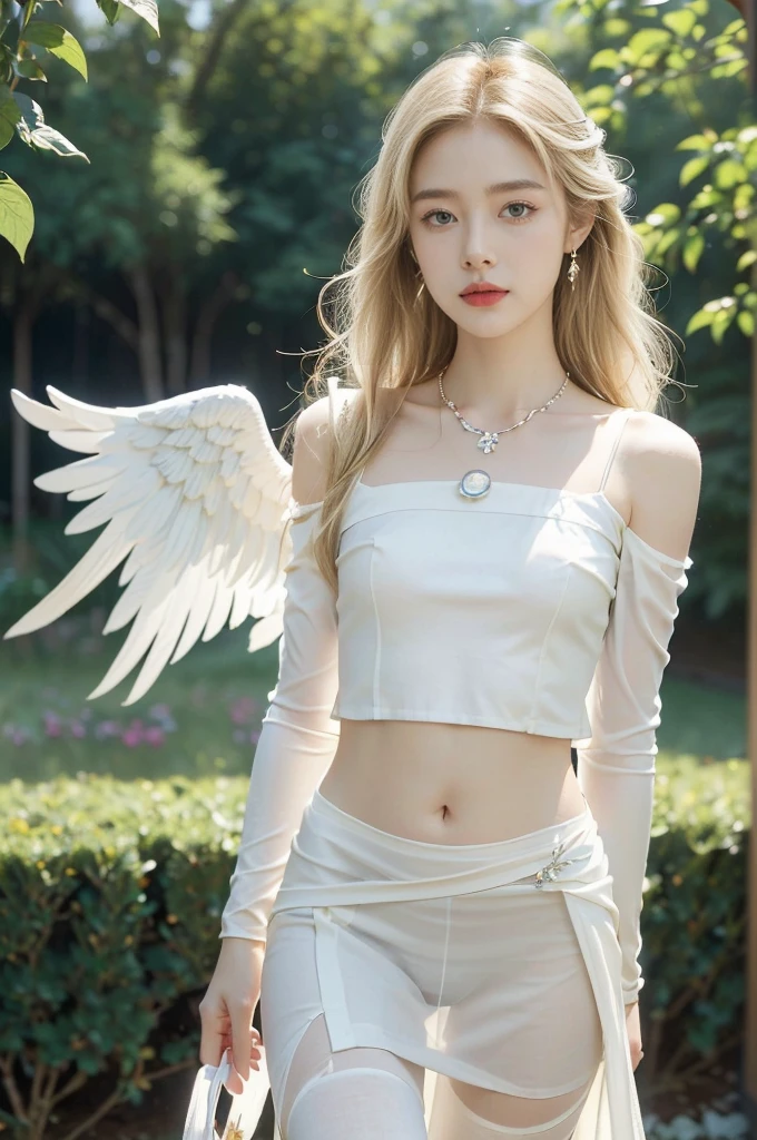 (((best quality))), (((ultra detailed))), (((masterpiece))), illustration,((1 beautiful  girl,solo,angel)),((fair skin,shoulder length straight blonde hair,blue eyes)),(earrings,crystal necklace),((slim,thin,small breasts,flat chest)),joyful expression,(white wings:1.3),(flowing short-sleeved white sheer dress:1.3),((In heaven, garden setting)), vibrant flowers,(colorful flowers:1.3),lush grass, gentle breeze, (clear sky, fluffy clouds, shining sun),((navel)),((from front,standing,upper body,arms behind back)),((pantyhose))