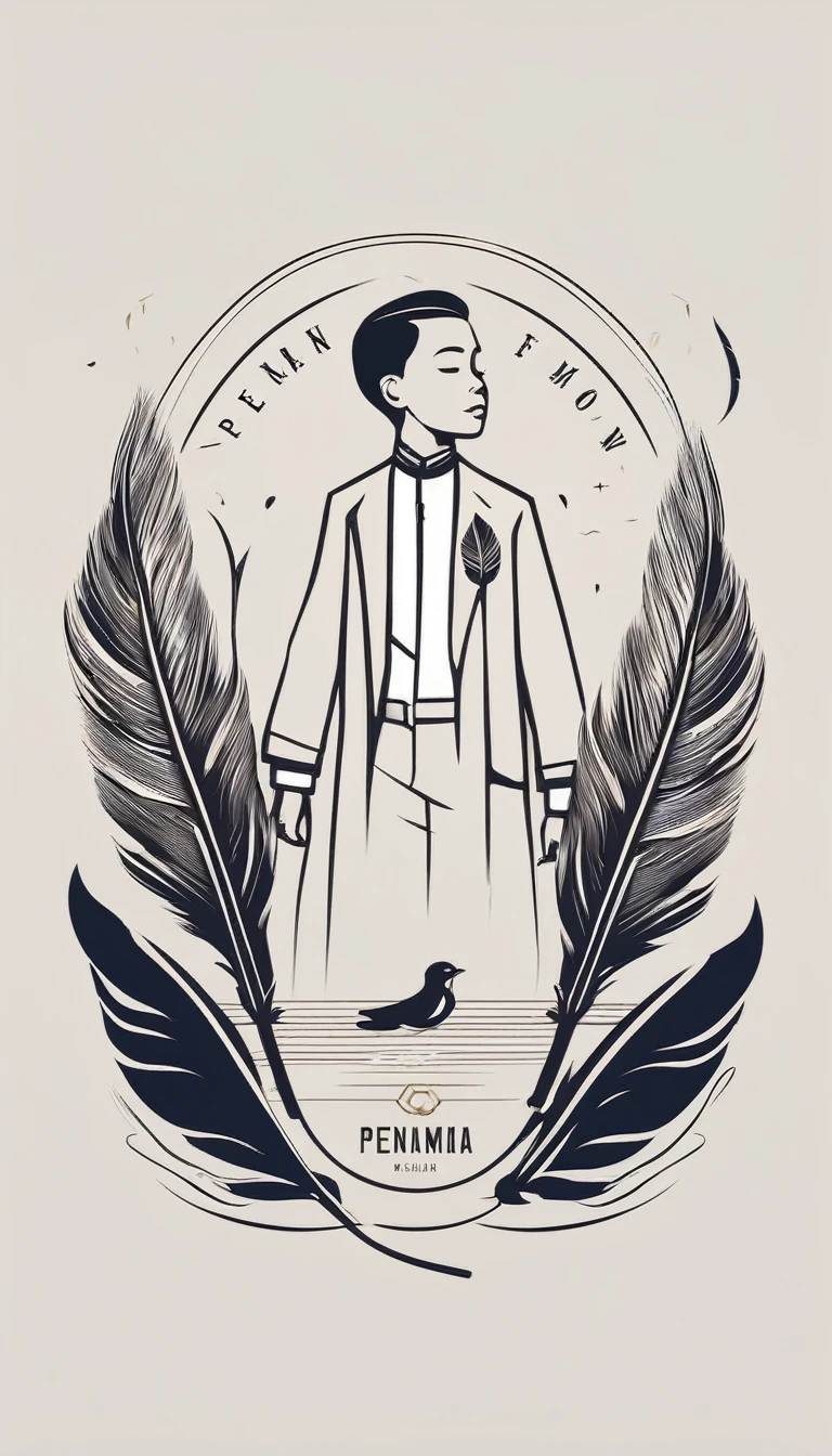 Create a minimal, modern, simple, inspirational, memorable, dream like logo design of a boy and a feather for the brand “Penamemoria".