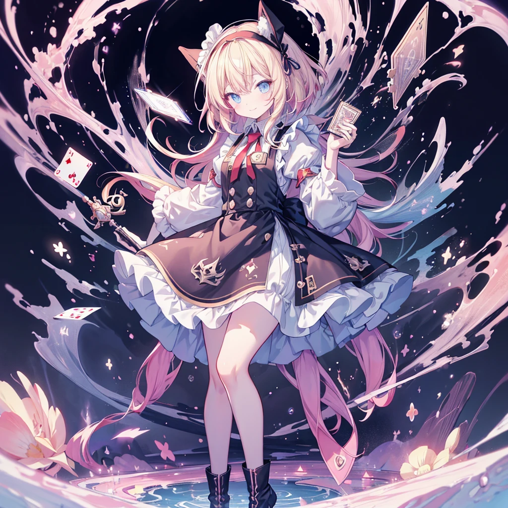 (Tabletop, Highest quality), (Perfect athletic body:1.2), (Fine hair), Super detailed, Anime Style, whole body, alone, Fantasy Blonde Hair, Blue Eyed Girl, Apron dress like Alice in Wonderland, Playing cards with your hands, Red Hairband, Black-purple miasma swirls, There are many whispers of the floating black devil, Nightmarish sights, Standing in the Wilderness, High heel boots, Digital Painting, 8K high resolution, Trend Art Station,  whole body, Bad smile,background＿Distorted clock:1.5、