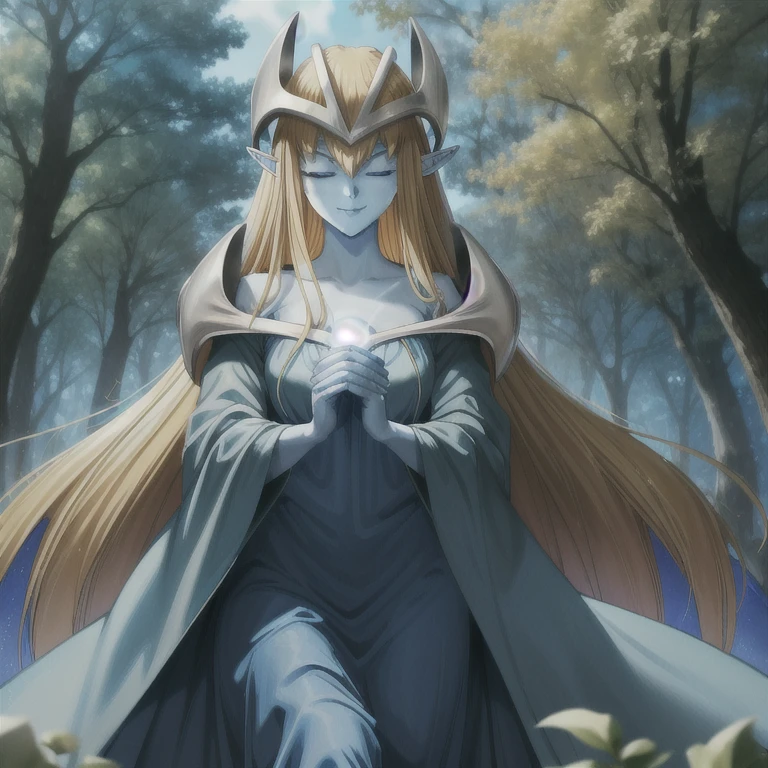 mysticalygo, mystical elf, smile, eyes closed, blue dress, long skirt, blue skin, blue cloak, cape, long robe, blonde hair, long hair, city, forest, Yugioh, overly long sleeves, sleeves covering her hands,