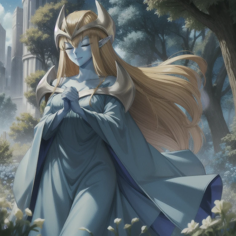 mysticalygo, mystical elf, smile, eyes closed, blue dress, long skirt, blue skin, blue cloak, cape, long robe, blonde hair, long hair, city, forest, Yugioh, overly long sleeves, sleeves covering her hands,
