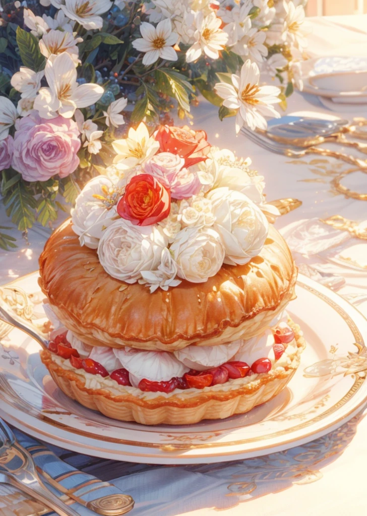 **Beautiful pie, close-up, royal tableware, decorated with flowers, no background,ACGN, American comics, exaggerated and detailed, HD, best quality,8k,