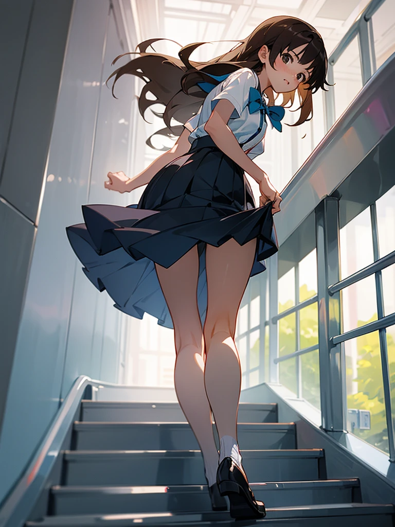 master piece, extremely detailed, high resolution,Makoto Shinkai style、high school girl、1 girl、Short-sleeved shirt、Blue bow tie、Glossy, plump lips、Shiny Hair、Brown Hair、Long Straight Hair、Mid-chest、Narrow waist、Checkered mini skirt、Climbing an escalator、Backwards、Looking up from below、Skirt is held back、You can see inside the skirt from behind、Embarrassed look、Looking at me shyly、Red cheeks、