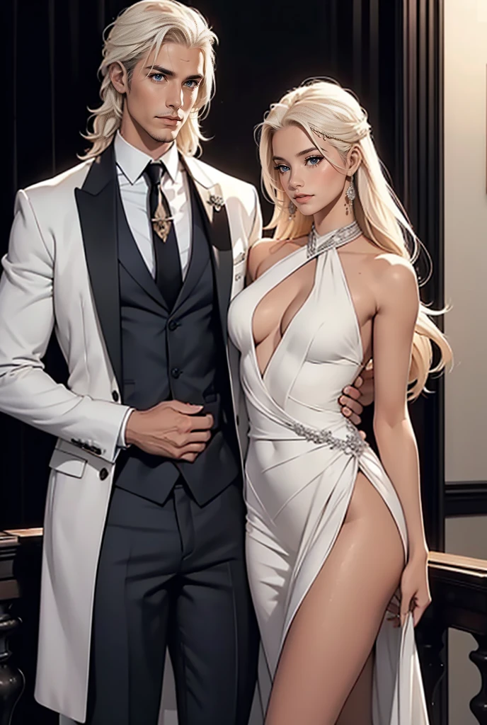 The picture shows a couple: 1 man (Tall, handsome, statuesque, courageous, adult man-platinum blonde with long platinum hair, he has blue eyes, tanned skin, he is dressed in an expensive branded suit), 1 woman is holding his arm (an incredibly beautiful young blonde femme fatale, dressed in a luxurious stylish, branded dress). They're at a contemporary art exhibition. Style icons, celebrities, the elite. The Museum of Modern Art. They're in love.