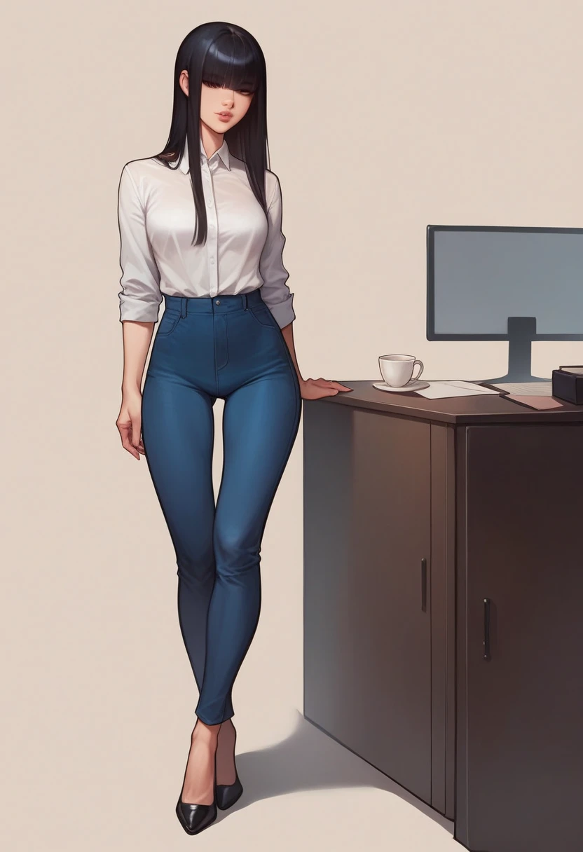 score_9, score_8_up, score_7_up, score_6_up, detailed art of a woman, pale, smooth skin, hair over both eyes, long straight black hair, blunt bangs, full lips, slender physique, white office shirt, blue pants, black heels,
