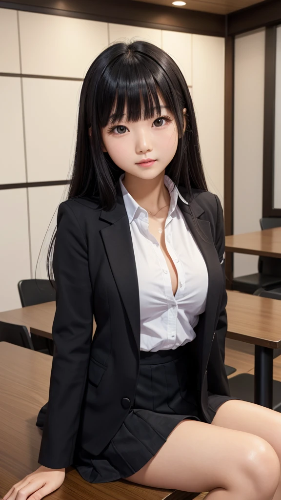 ((Tabletop)), (Detailed face), (highlight), Asian Girl、breast enhancement、thigh、Black Hair、Heavy bangs、high school girl、skirt、blazer、Support your chest with your arms、Gazing Eyes、