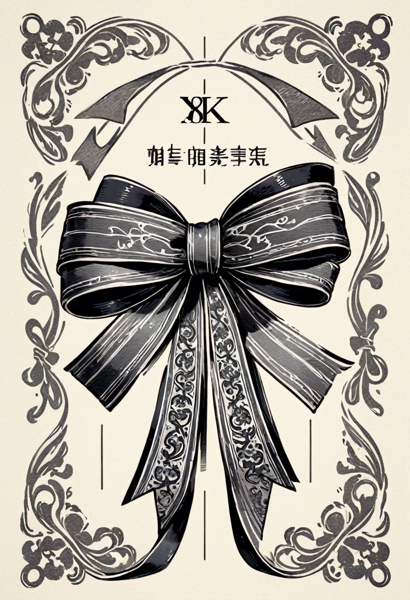 masterpiece、super beautiful、８K、Asymmetric、Two long, wavy ribbons、flat、An illustration of a ribbon tied in a bowknot, drawn with worn lines in the style of medieval black and white letterpress printing.