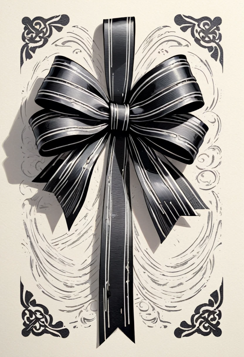 masterpiece、super beautiful、８K、Asymmetric、Two long, wavy ribbons、flat、An illustration of a ribbon tied in a bowknot, drawn with worn lines in the style of medieval black and white letterpress printing.