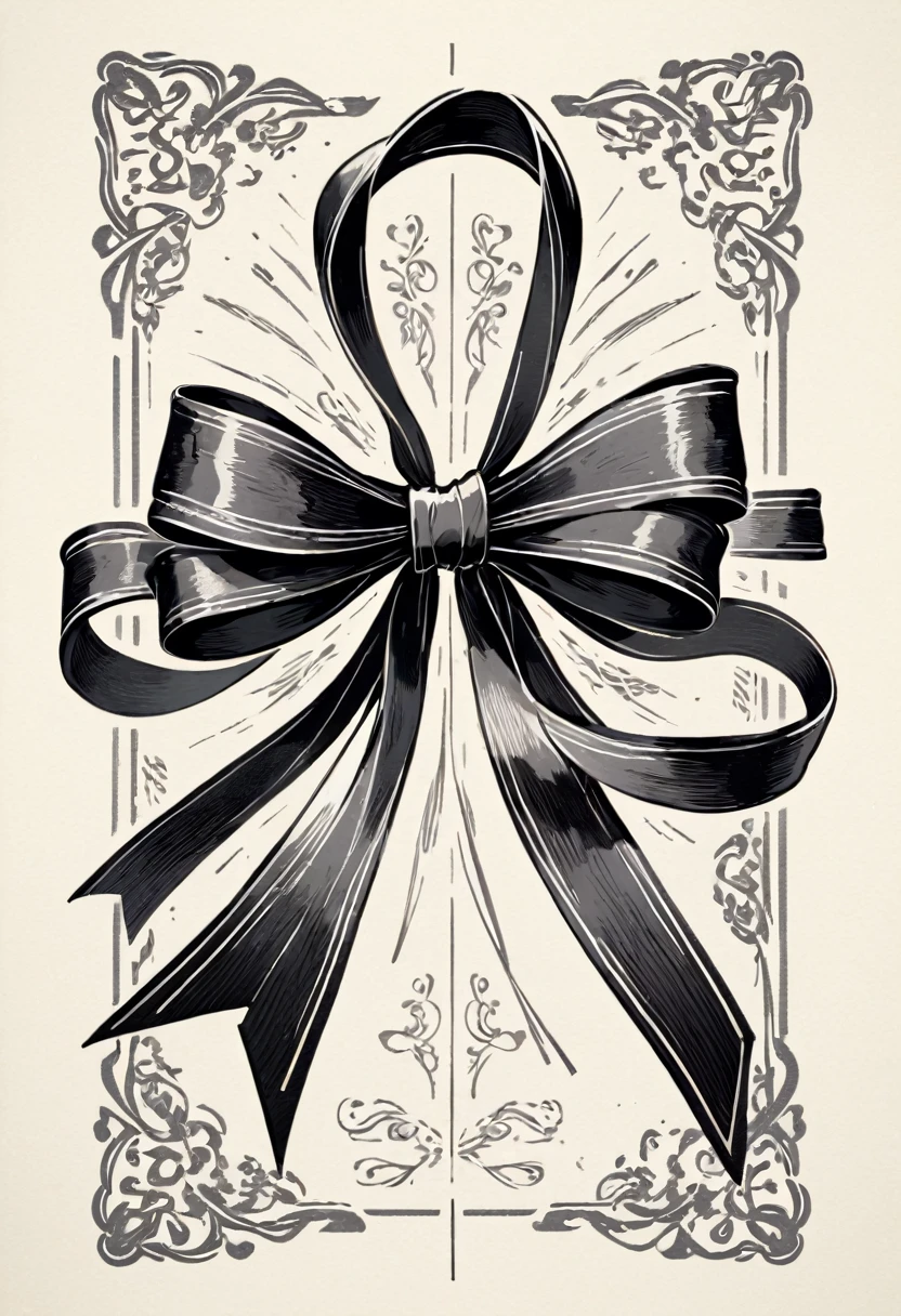 masterpiece、super beautiful、8K、Asymmetric、Two long, wavy ribbons、flat、An illustration of a ribbon tied in a bowknot, drawn with worn lines in the style of medieval black and white letterpress printing.