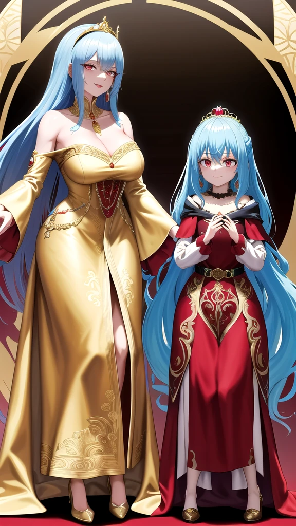 masterpiece, best quality, highres, Picture Rimuru Tempest with her signature blue hair and red eyes, wearing a deep crimson, velvet gown with a structured bodice and a sweeping, floor-length skirt, adorned with intricate gold embroidery and a jeweled waist belt. Her long hair falls over her shoulders as she smiles warmly. The dress features an off-the-shoulder neckline and long, bell sleeves, accessorized with an ornate gold tiara encrusted with rubies, matching ruby earrings, and elegant, gold-embroidered slippers. Her kind and generous nature shines through as she wears a luxurious velvet cape lined with satin, fastened with a golden brooc, full body image, kind and generous nature, happy,