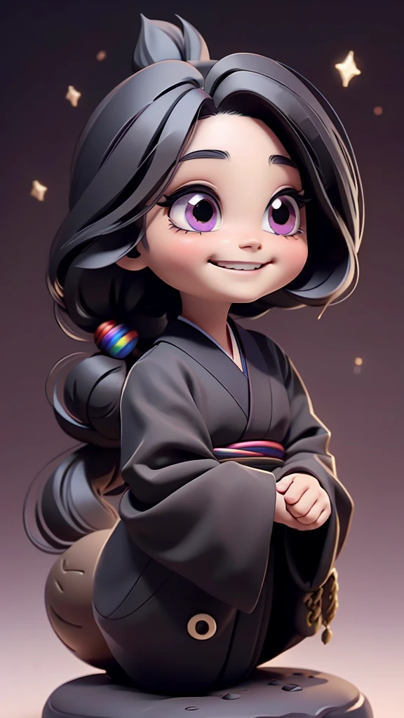 cute、Mini character、Fantasy、Smiling、Rainbow Eyes、Flying happily、Long Hair、ponytail、 black kimono、１Tsume、One Eye、一Tsumeお化け、Long black hair、Straight Hair、One eye in the center of the face