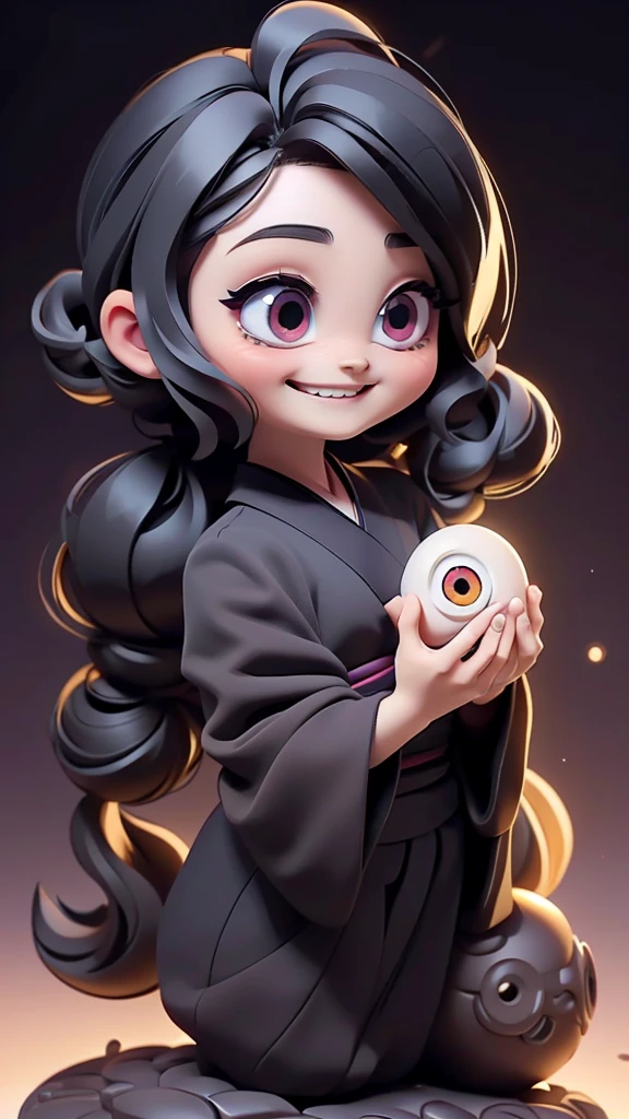 cute、Mini character、Fantasy、Smiling、Rainbow Eyes、Flying happily、Long Hair、ponytail、 black kimono、１Tsume、One Eye、一Tsumeお化け、Long black hair、Straight Hair、One eye in the center of the face