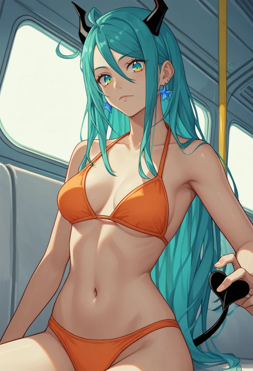 score_9, score_8_up, score_7_up,1 daemon woman, black  demon horns, black demon tail, (aquamarine hair),aquamarine green color hair,ahoge, long hair, (long hair),bangs, light orange bikini, bikini is orange, bikini orange, orange bikini!, (aquamarine eyes), background is spaceship, aquamarine eyes, 1woman ,facing viewer, daemon girl,  close up,Well-endowed, alone, Spacecraft interior