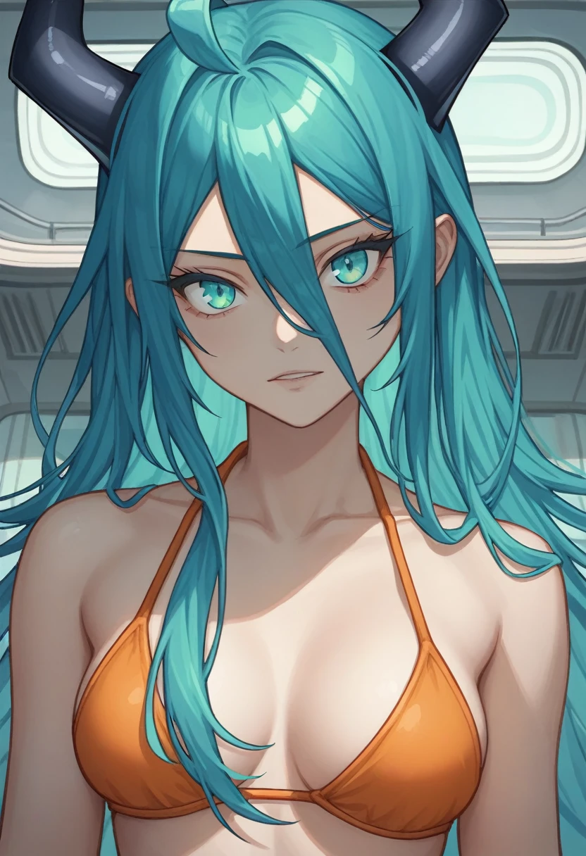score_9, score_8_up, score_7_up,1 daemon woman, black  demon horns, black demon tail, (aquamarine hair),aquamarine green color hair,ahoge, long hair, (long hair),bangs, light orange bikini, bikini is orange, bikini orange, orange bikini!, (aquamarine eyes), background is spaceship, aquamarine eyes, 1woman ,facing viewer, daemon girl,  close up,Well-endowed, alone, Spacecraft interior