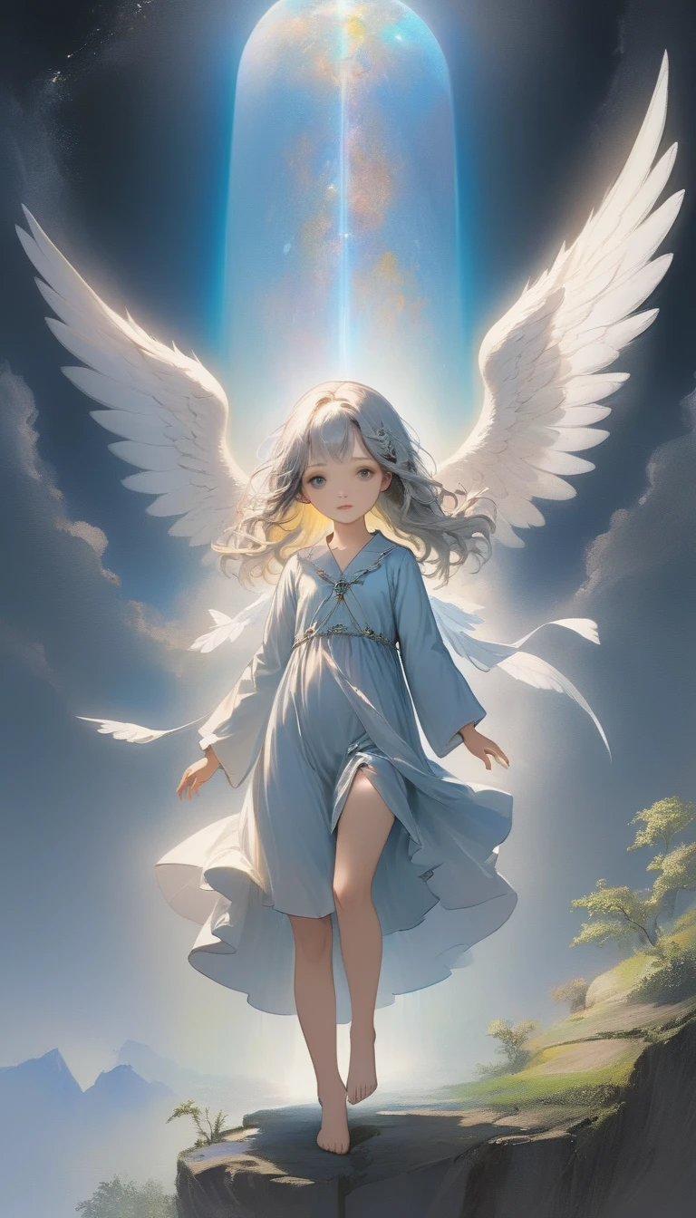 (masterpiece), (High resolution), (Very delicate), (masterpiece: 1.2, Highest quality),Perfect Anatomy、silver, Angel descending to earth、Paradise、The Girl Who Leads to Heaven、Cute face、Expressionless、 scribble, Doll-like face, Manga Style, rough sketch, Manga Styleイラスト, Japanese painting, whole body,(snap shot), Flat Illustration, Creepy Appearance, Unique atmosphere、