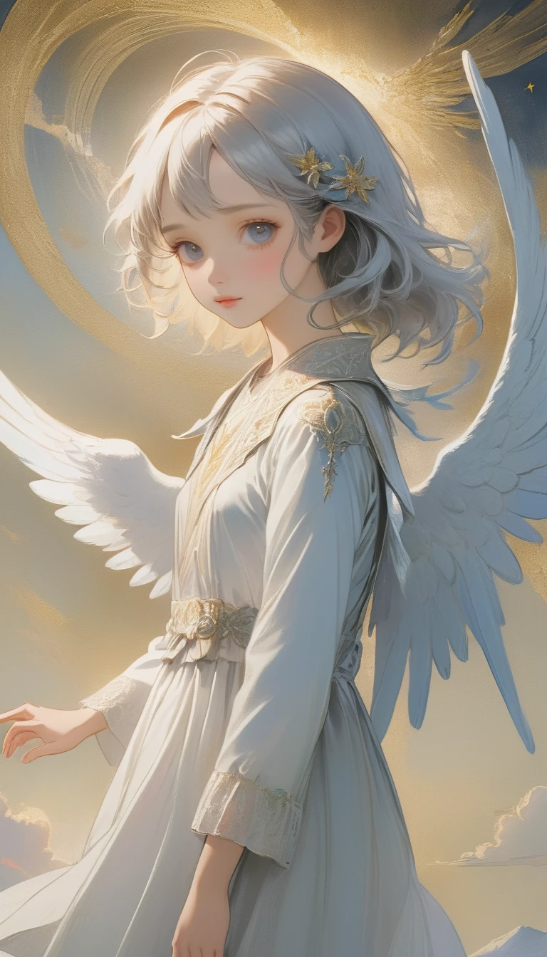 (masterpiece), (High resolution), (Very delicate), (masterpiece: 1.2, Highest quality),Perfect Anatomy、silver, Angel descending to earth、Paradise、The Girl Who Leads to Heaven、Cute face、Expressionless、 scribble, Doll-like face, Manga Style, rough sketch, Manga Styleイラスト, Japanese painting, whole body,(snap shot), Flat Illustration, Creepy Appearance, Unique atmosphere、