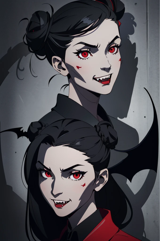 (1:1 girl solo portrait high quality) ((hot vampire girl) ((long balck hair styled half up in two side buns)) ((red eyes)) (((fangs)) ((sexy perfect body))) ((nadja from what we do in the shadows)) ((spooky, horor, bats))