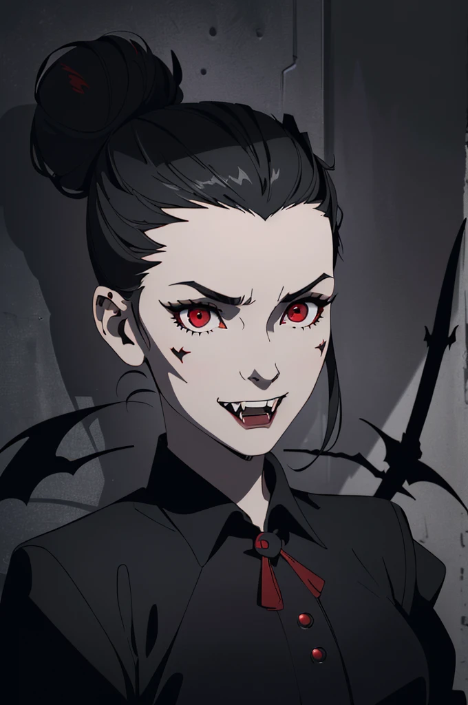 (1:1 girl solo portrait high quality) ((hot vampire girl) ((long balck hair styled half up in two side buns)) ((red eyes)) (((fangs)) ((sexy perfect body))) ((nadja from what we do in the shadows)) ((spooky, horor, bats))