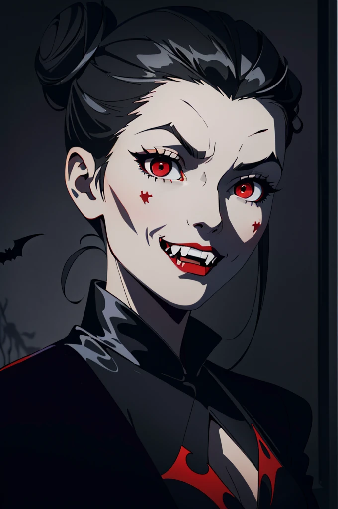 (1:1 girl solo portrait high quality) ((hot vampire girl) ((long balck hair styled half up in two side buns)) ((red eyes)) (((fangs)) ((sexy perfect body))) ((nadja from what we do in the shadows)) ((spooky, horor, bats))