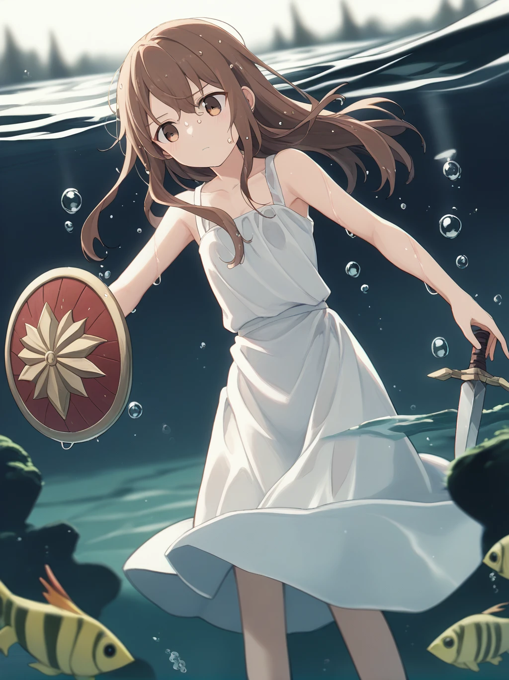score_9, score_8_Excellent, score_7_Excellent, score_6_Excellent, sauce_anime, partially underwater, 
One Girl, Long Hair, Brown Hair, Wet Hair,
White Dress, Swamp,
Dark Background, Blurred Edges,8-year-old、Adventurer、Flat Chest、Pitch-dark underground labyrinth、No light、skirt、Equipped with a dagger and a shield、水面よりExcellentの顔、Corpses in the water, Underwater Photography、浮力でskirt捲れる